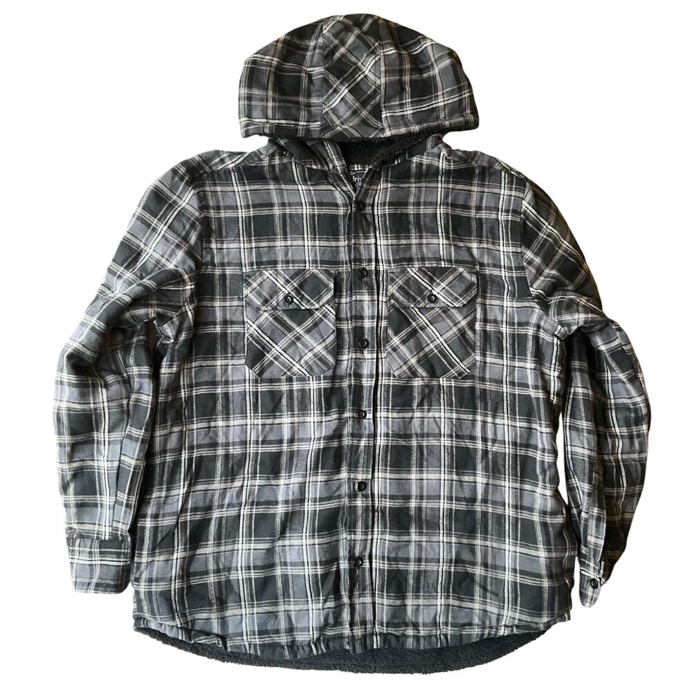 Overdrive Men Long Sleeve Hoodie Button Down Warm Shirt Size XL,Black Gray Check